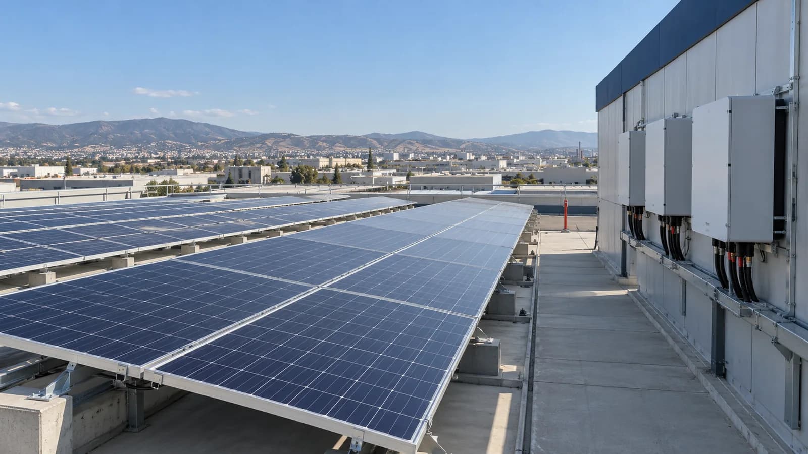 Endüstriyel çatıda güneş panelleri, servis koridoru ve duvara monte kapalı inverterler.