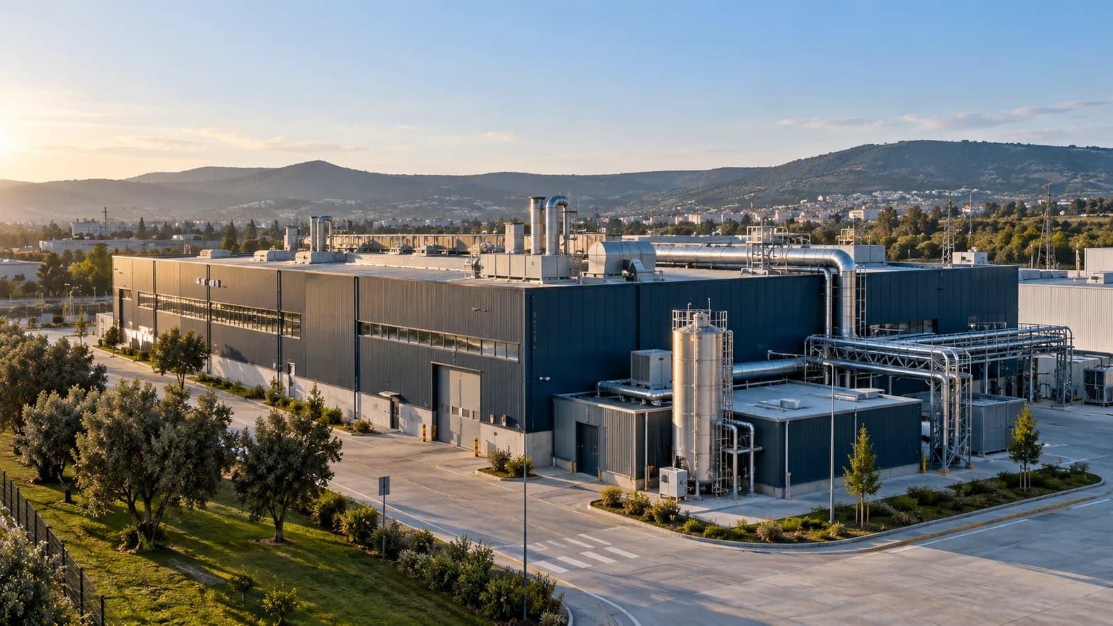 Enerji altyapısı ve çevresindeki yeşil alanlarla birlikte endüstriyel tesisin temsili görünümü.