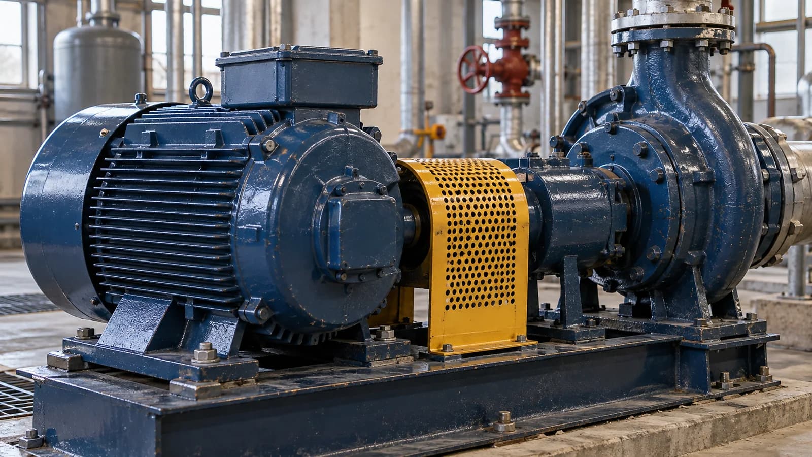 Bir ortak çelik tabana yerleştirilmiş endüstriyel motor, muhafazalı kaplin ve pompanın yakın plan görünümü.