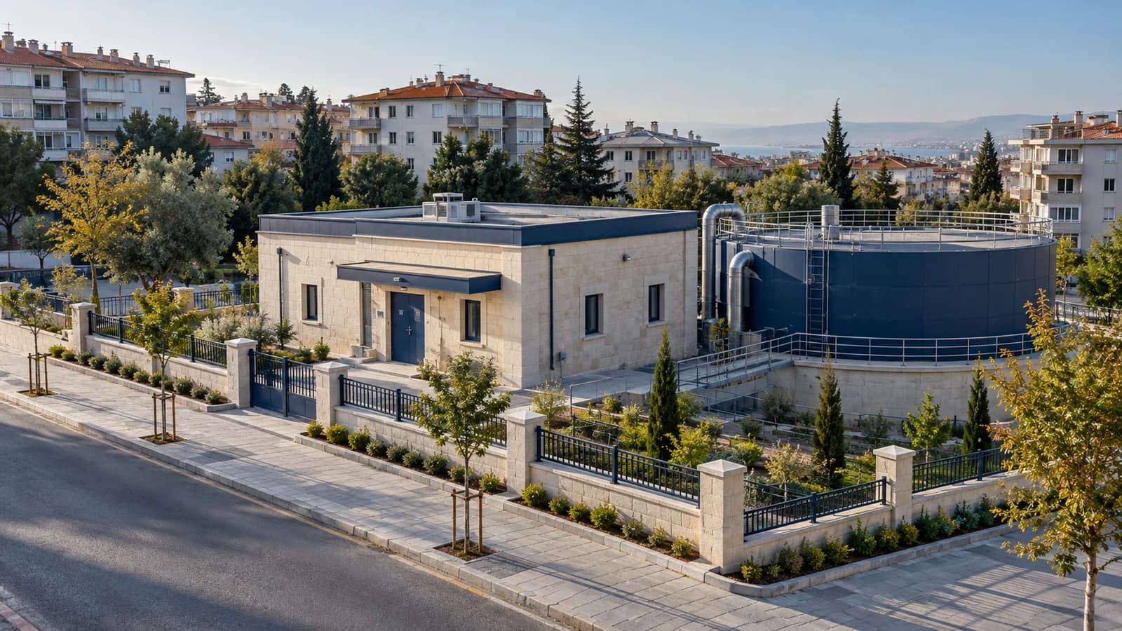 Konut bölgesi içindeki hizmet binası ve su altyapısının temsili görünümü.
