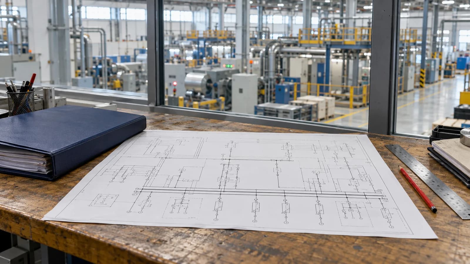 Üretim alanına bakan mühendislik masasında elektrik şeması ve lacivert dosya.