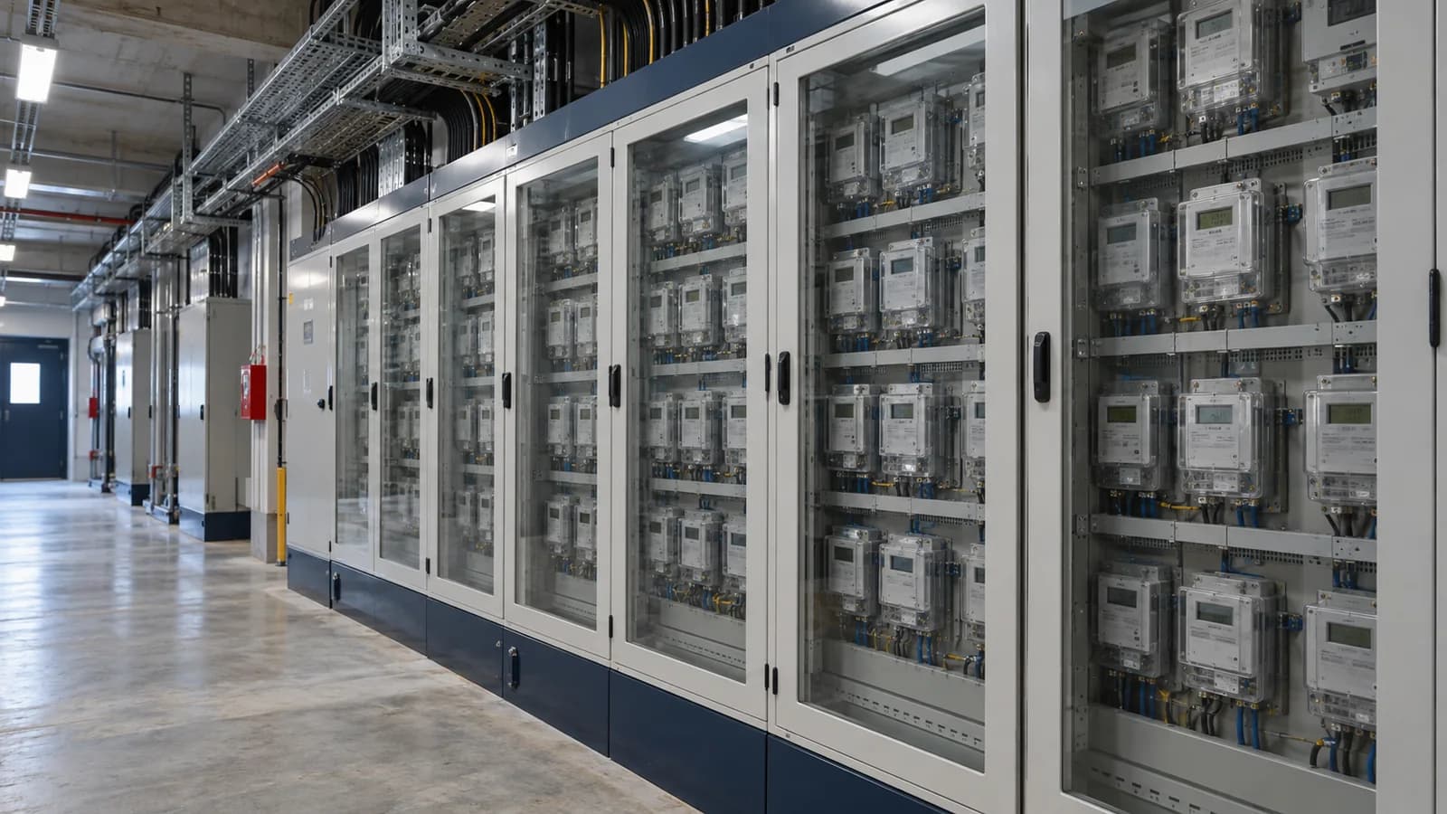 Kapalı cam kapaklı panolarda düzenli elektrik sayaçlarının bulunduğu endüstriyel koridor.