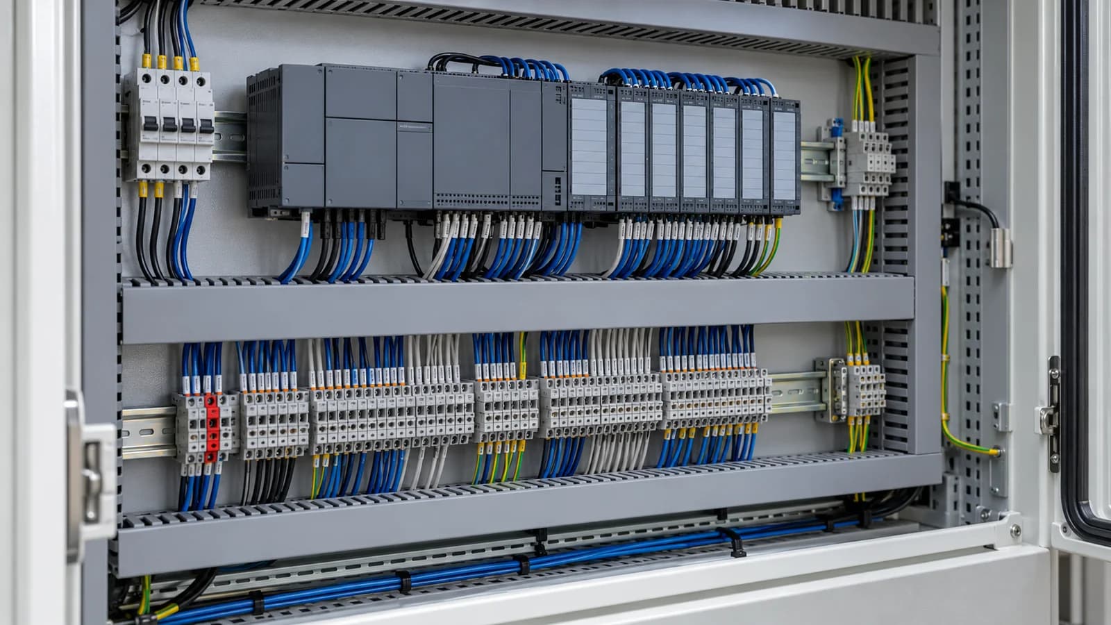 DIN rayında PLC, giriş çıkış modülleri ve düzenli kablo bağlantıları bulunan temsili endüstriyel kontrol panosu.